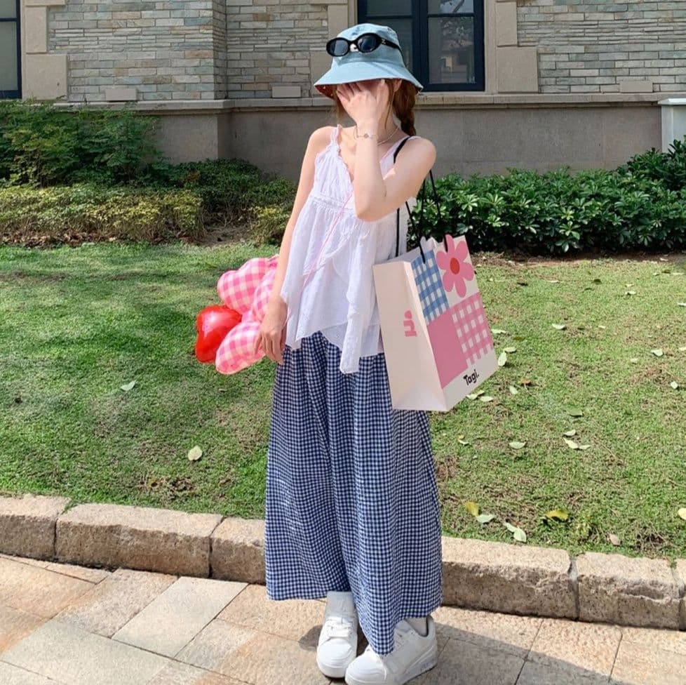 ギンガム チェック 夏のゆったりワイドスカート