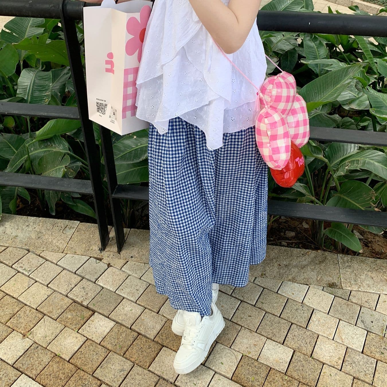 ギンガム チェック 夏のゆったりワイドスカート