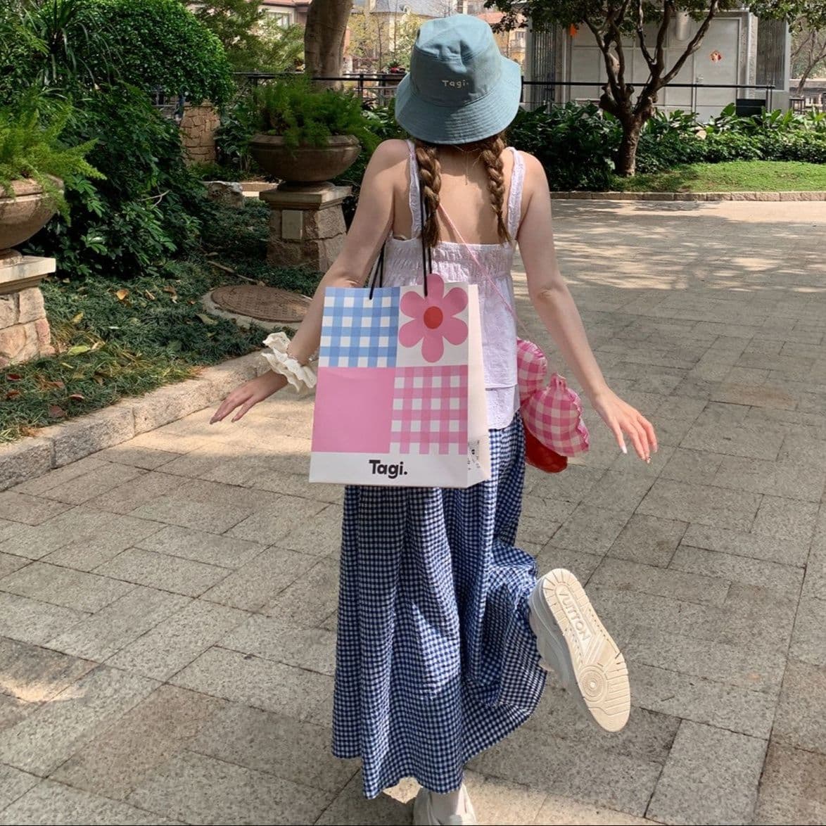 ギンガム チェック 夏のゆったりワイドスカート