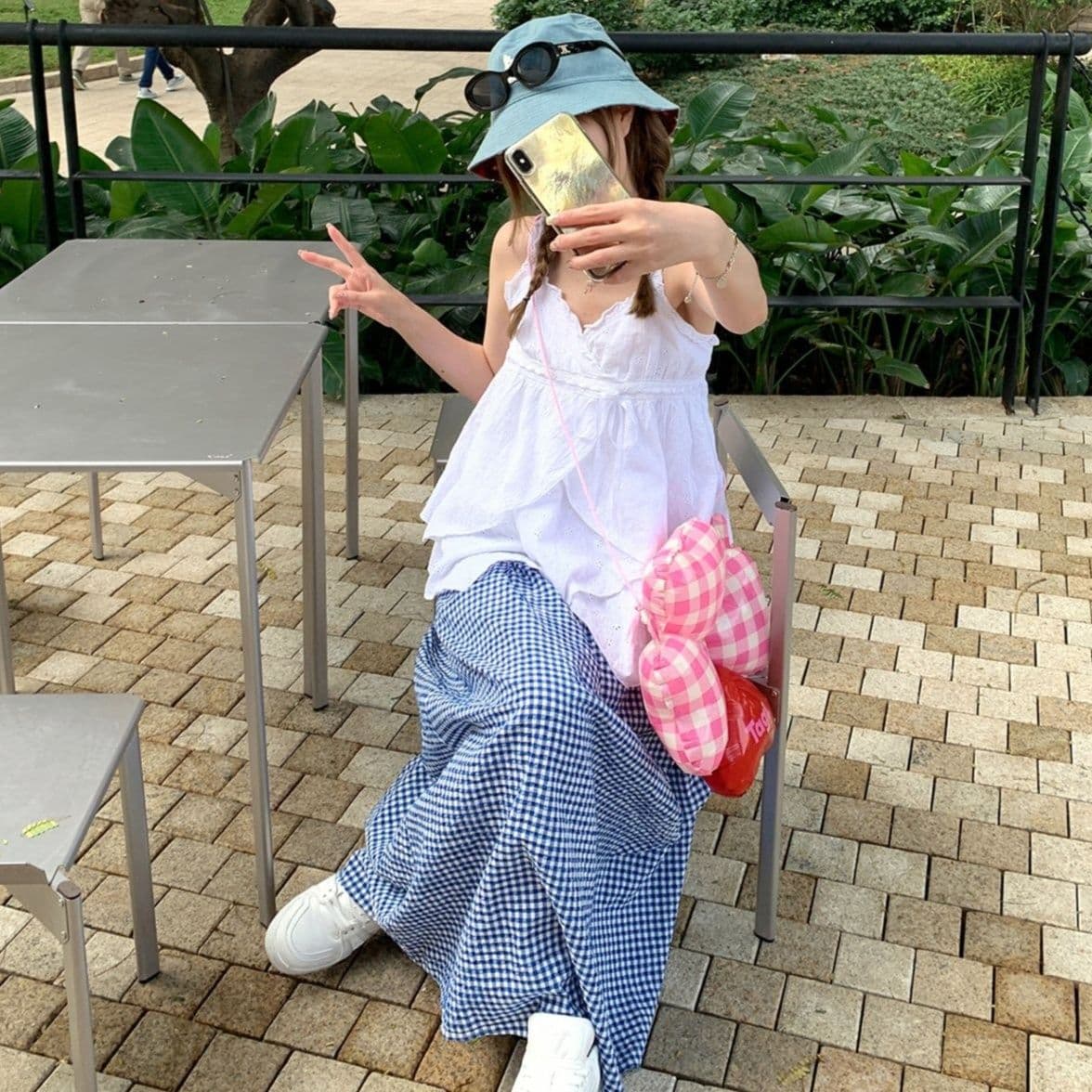 ギンガム チェック 夏のゆったりワイドスカート