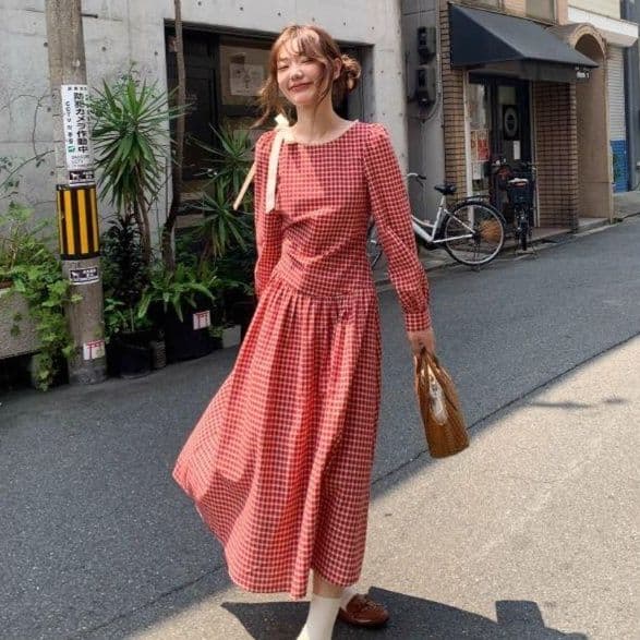 ギンガム チェック 優美な格子柄 ふんわり長袖ワンピース