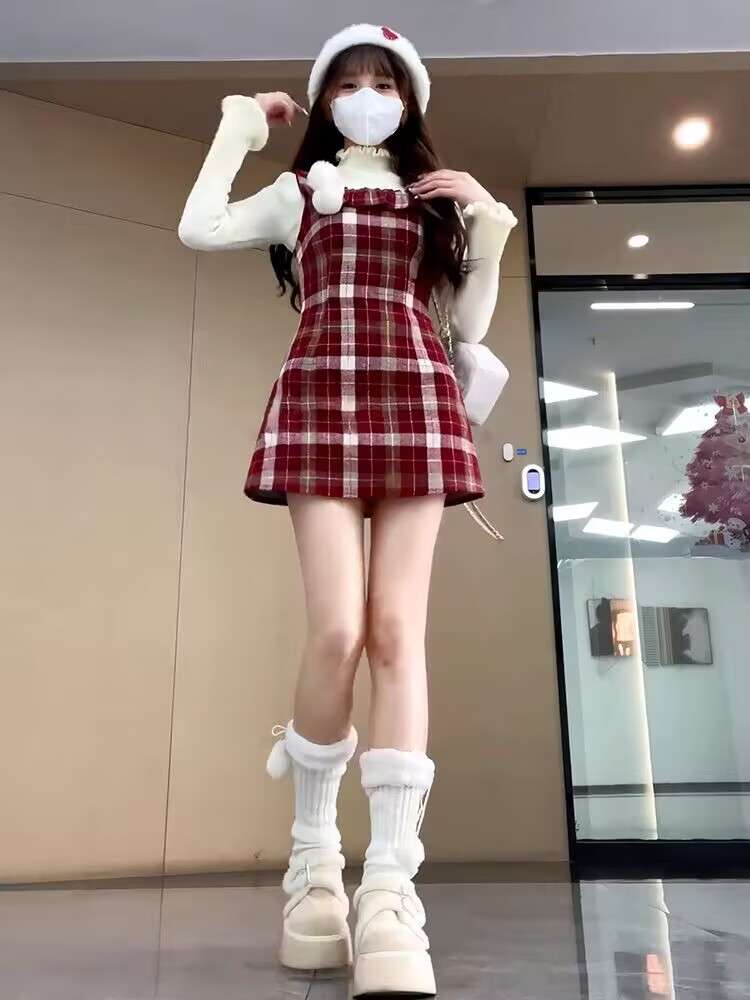 もこもこファー付きギンガム チェックワンピース