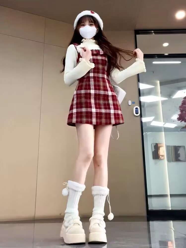 もこもこファー付きギンガム チェックワンピース