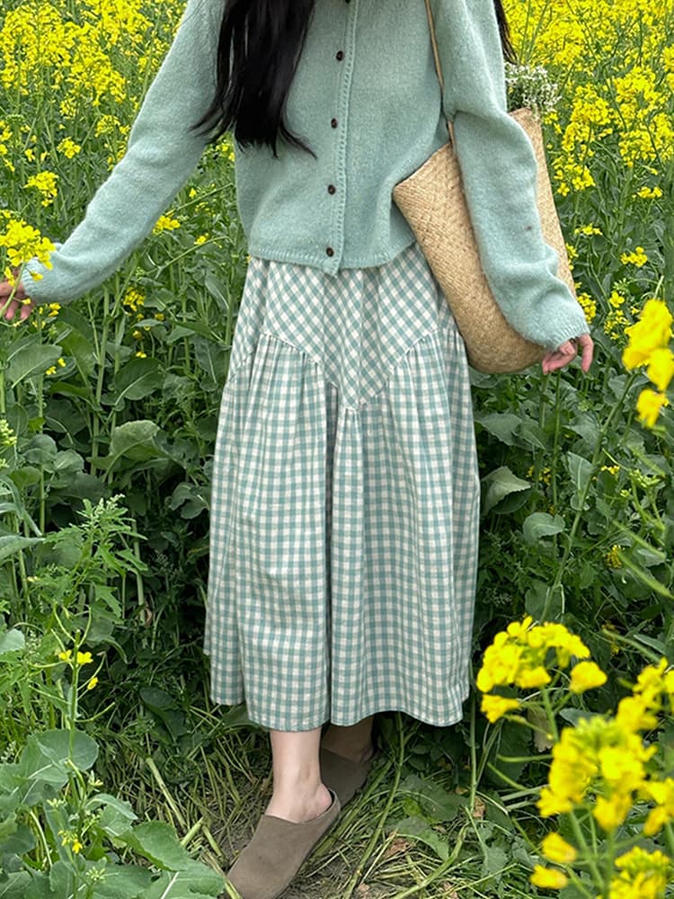 ギンガム チェック 優美格子模様フレアロングスカート