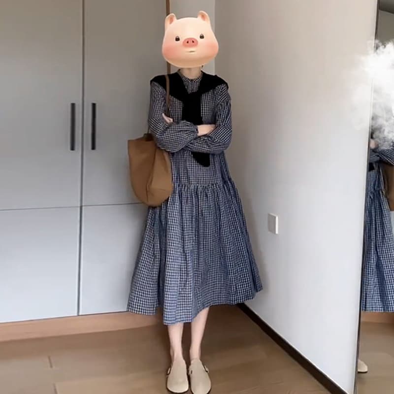 ギンガム チェック フロントタイ付きギャザーワンピース