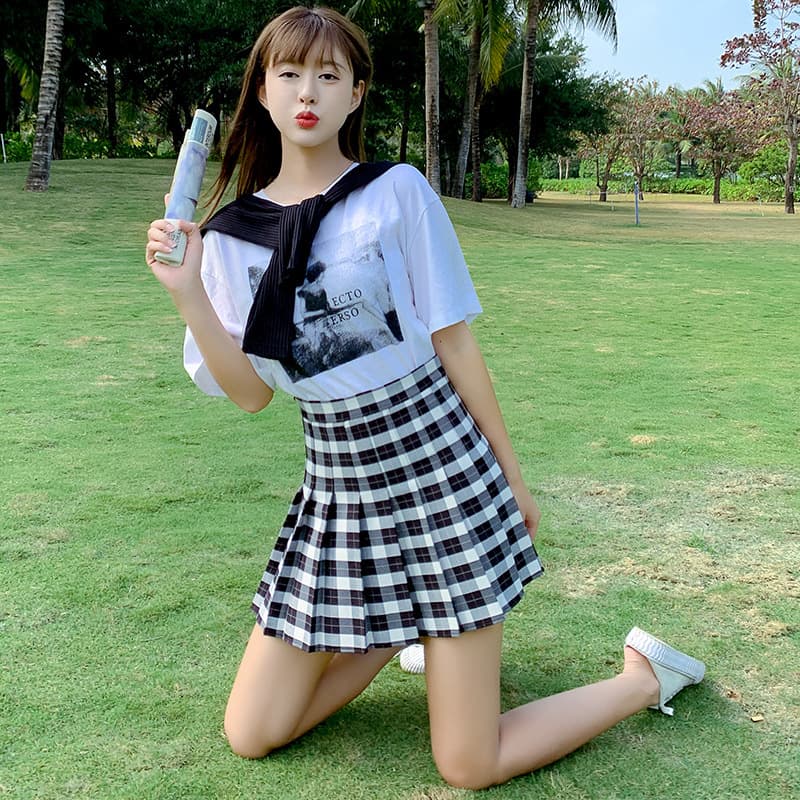 ギンガム チェック プリーツ入り制服風チェックスカート