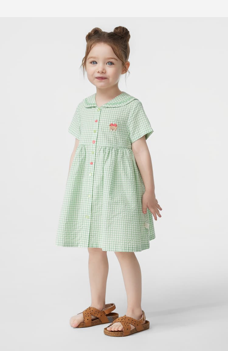 ギンガム チェック ふんわり襟付き子ども服ワンピース