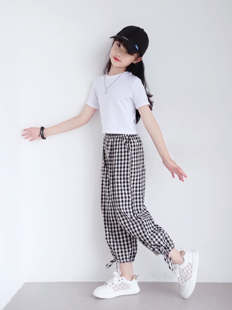 ギンガム チェック 裾リボンギャザーパンツ