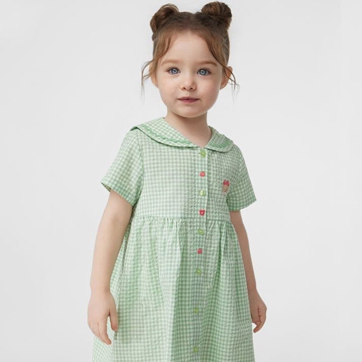 ギンガム チェック ふんわり襟付き子ども服ワンピース