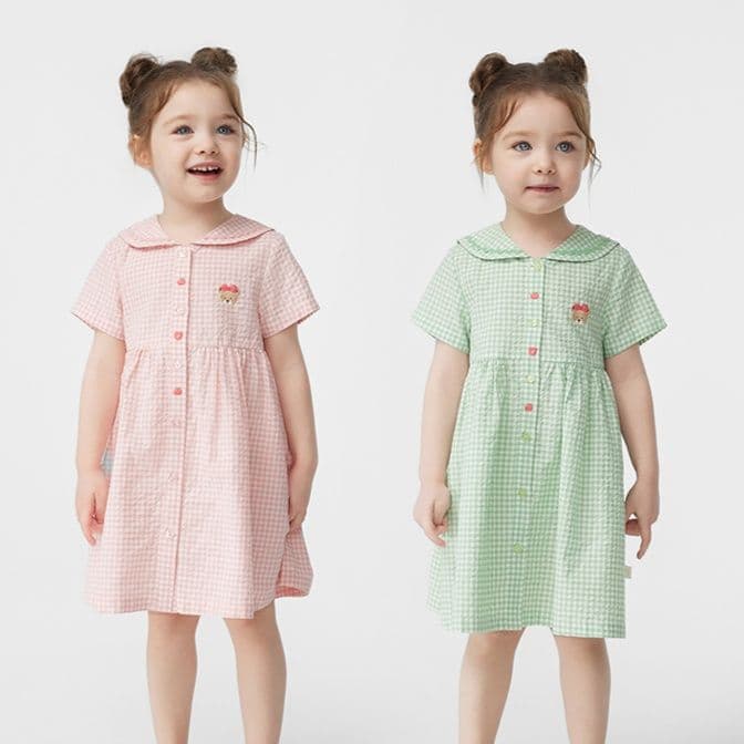 ギンガム チェック ふんわり襟付き子ども服ワンピース