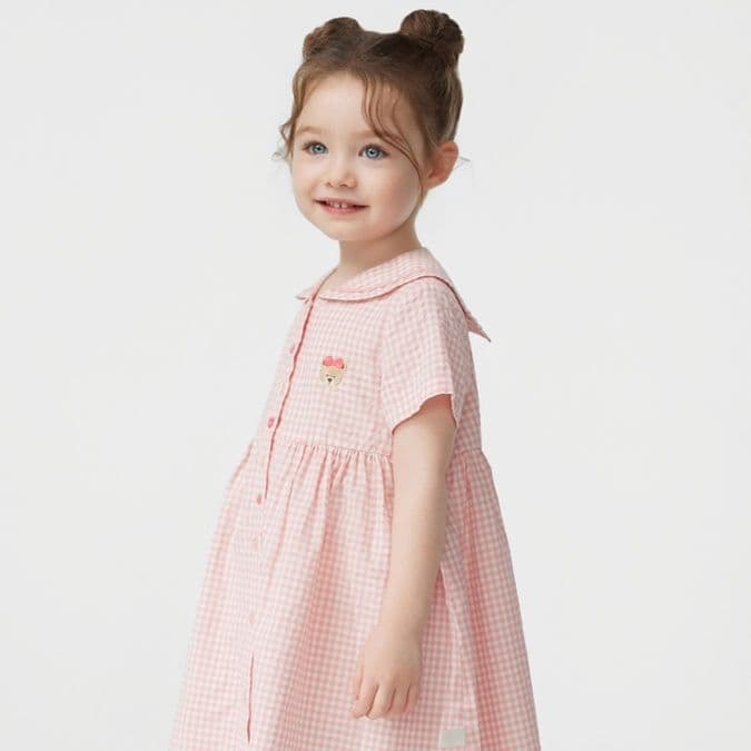 ギンガム チェック ふんわり襟付き子ども服ワンピース