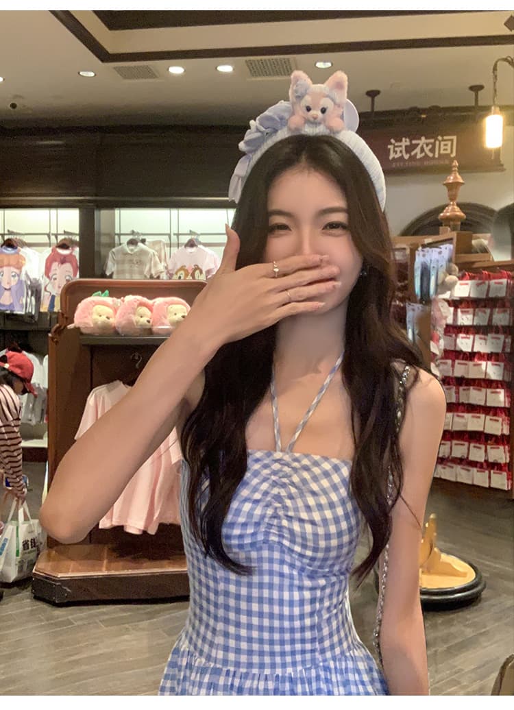 ギンガム チェック ホルターギャザー ロングワンピース