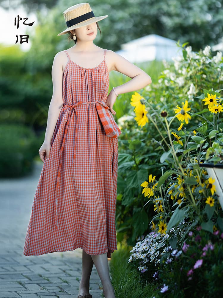 ギンガム チェック 涼やか格子柄 夏のゆったりキャミソールワンピース