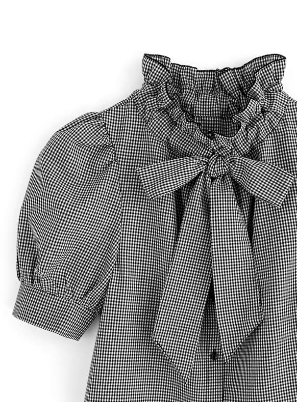 ギンガム チェック リボン付きフリルネックブラウス