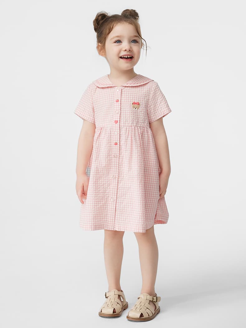 ギンガム チェック ふんわり襟付き子ども服ワンピース