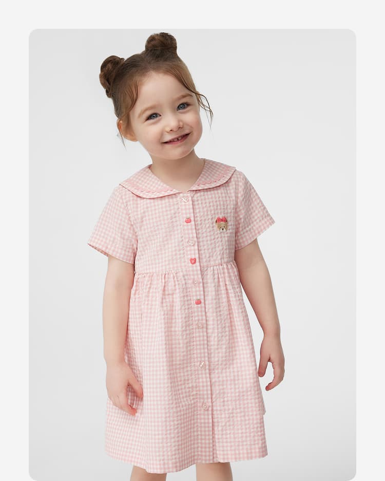ギンガム チェック ふんわり襟付き子ども服ワンピース