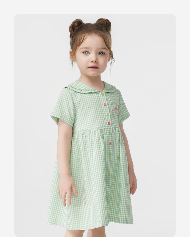 ギンガム チェック ふんわり襟付き子ども服ワンピース